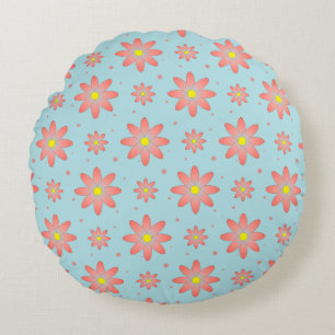 Coral pink and powder blue delicate daisy flowers round pillow