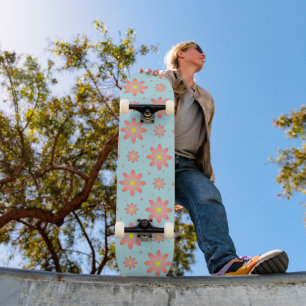 Coral pink and powder blue delicate daisy flowers skateboard