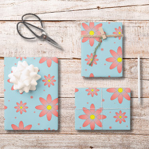 Coral pink and powder blue delicate daisy flowers  wrapping paper sheets