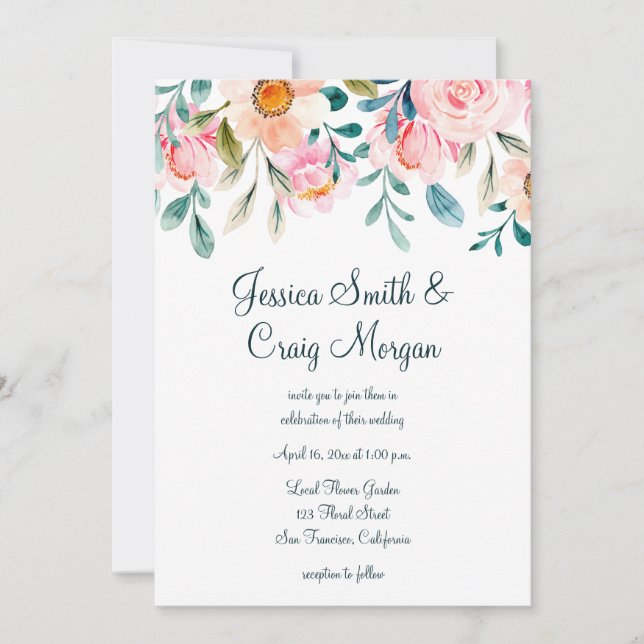 Coral Pink and Teal Floral Watercolor Wedding Invitation (Front)