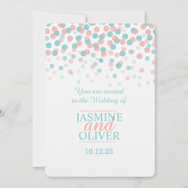 Coral pink and teal green blue wedding invites (Front)