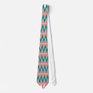 Coral Pink and Teal Zigzag Pattern Neck Tie
