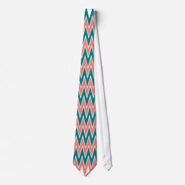 Coral Pink and Teal Zigzag Pattern Neck Tie (Front)