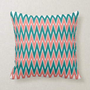 Coral Pink and Teal Zigzag Pattern Throw Pillow