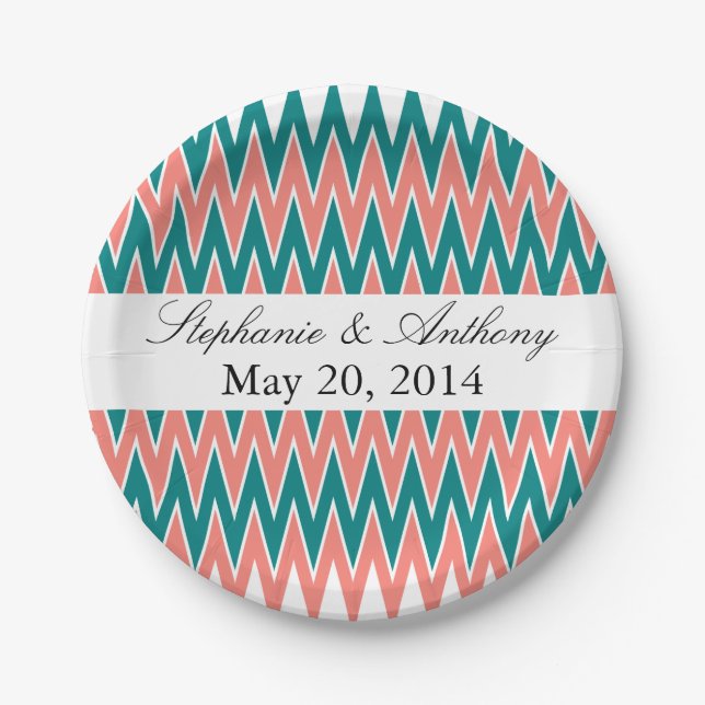 Coral Pink and Teal Zigzag  Wedding Paper Plates (Front)