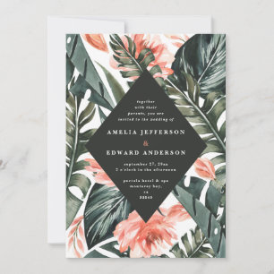 Coral pink and tropical leaf foliage wedding