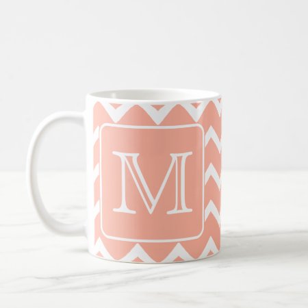 Coral Pink And White Chevron With Custom Monogram. Coffee Mug