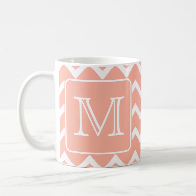 Coral Pink and White Chevron with Custom Monogram. Coffee Mug (Left)