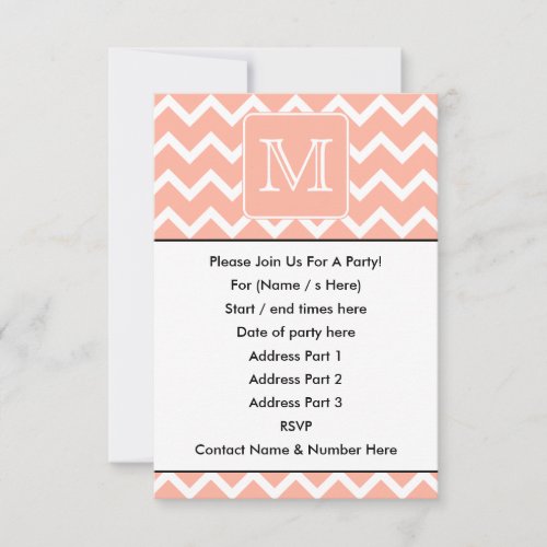 Coral Pink and White Chevron with Custom Monogram. Personalized Invitation