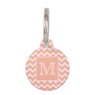 Coral Pink and White Chevron with Custom Monogram. Pet Tag