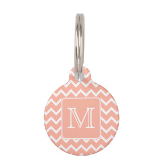 Coral Pink and White Chevron with Custom Monogram. Pet Tag