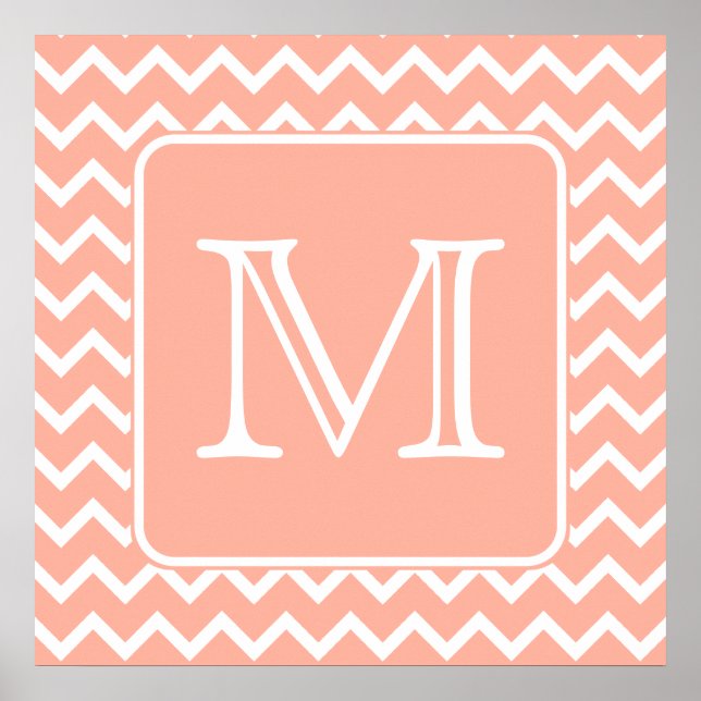 Coral Pink and White Chevron with Custom Monogram. Poster (Front)
