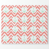 Coral Pink and White Chevron with Mint Nautical Wrapping Paper