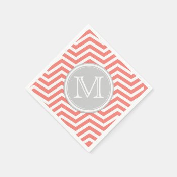 Coral Pink And White Chevron With Monogram Napkins by weddingsNthings at Zazzle