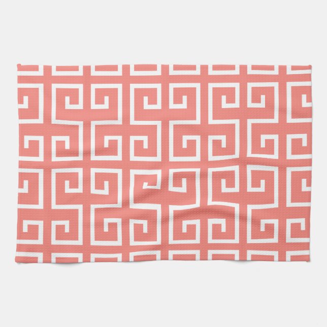 Coral Pink and White Geometric Pattern Towel (Horizontal)