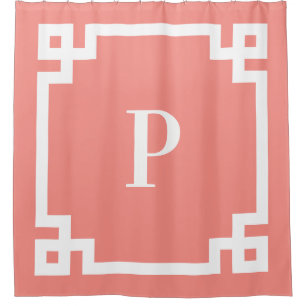 Coral Pink and White Greek Key Bold Monogram Shower Curtain