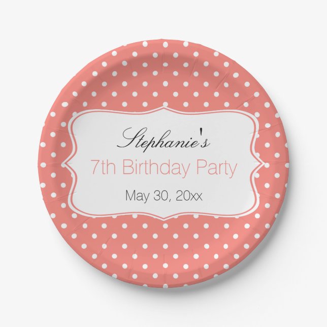Coral Pink and White Polka Dot Birthday Party Paper Plates (Front)