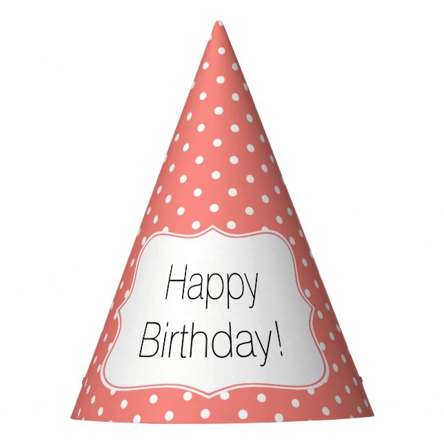Coral Pink and White Polka Dot Birthday Party Party Hat (Front)