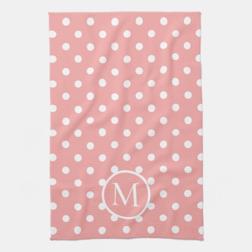 Coral Pink and White Polka Dot Monogram Kitchen Towel