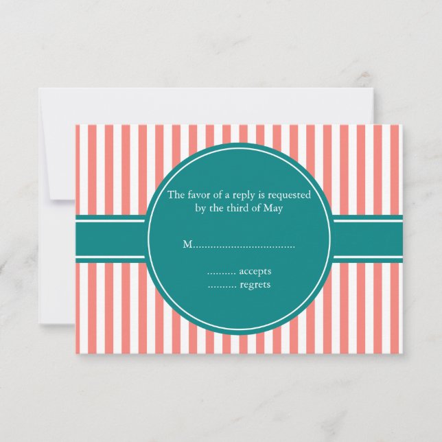 Coral Pink and White Stripes andTeal Wedding RSVP (Front)