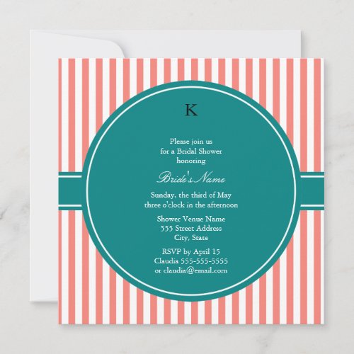 Coral Pink and White Stripes  Teal Bridal Shower Invitation