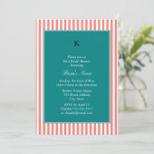 Coral Pink and White Stripes , Teal Bridal Shower Invitation (Standing Front)