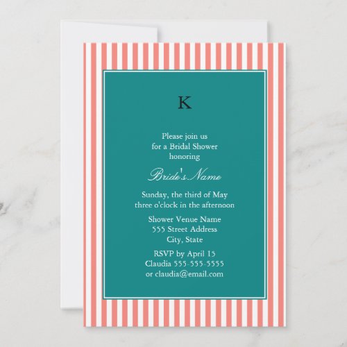 Coral Pink and White Stripes  Teal Bridal Shower Invitation