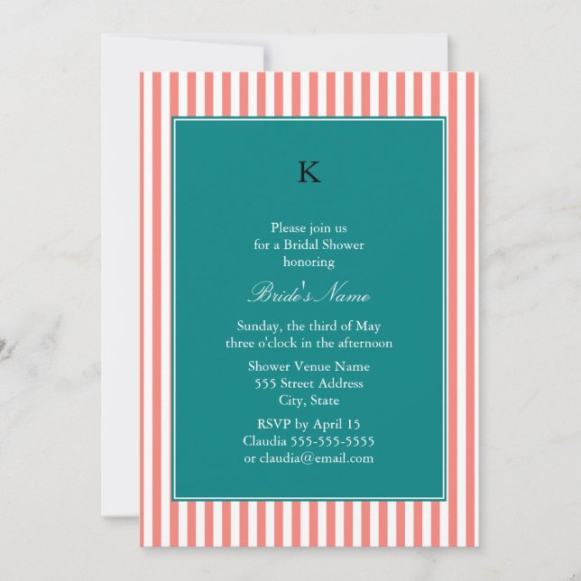 Coral Pink and White Stripes , Teal Bridal Shower Invitation (Front)