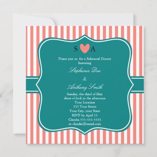 Coral Pink and White Stripes with Teal Invitation