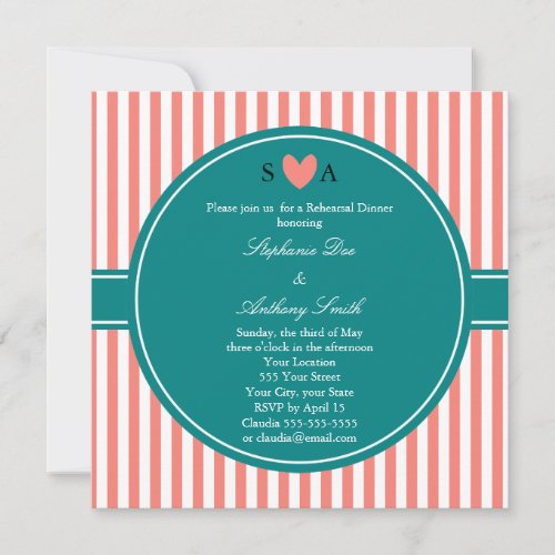 Coral Pink and White Stripes with Teal Invitation