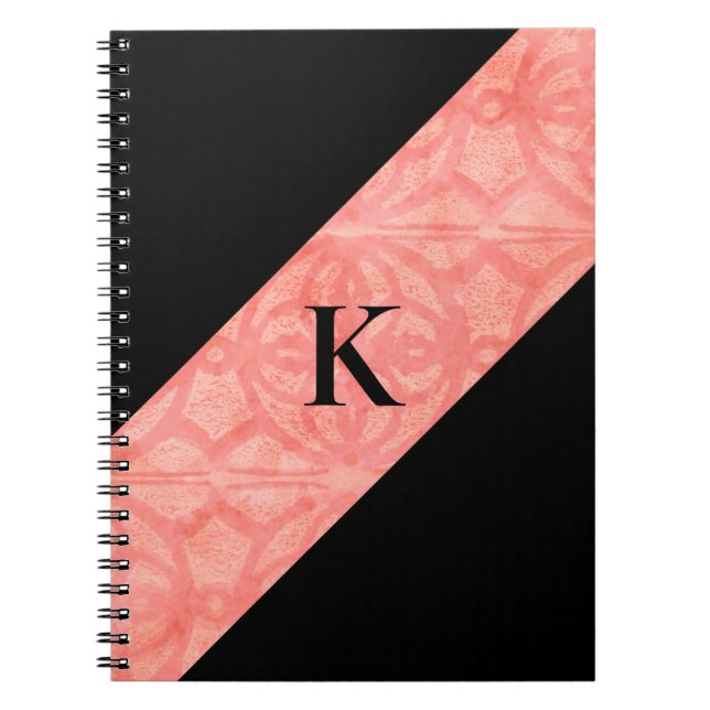 Coral Pink Batik and Black Monogrammed Notebook (Front)