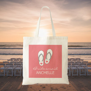 Coral pink beach flip flops wedding tote bags