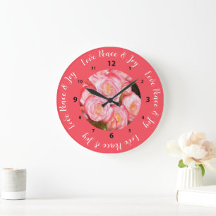Coral Pink Begonia Floral Love Peace & Joy Quote Large Clock