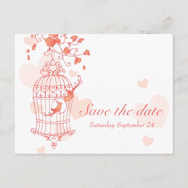 Coral pink bird cage wedding save the date card (Front)