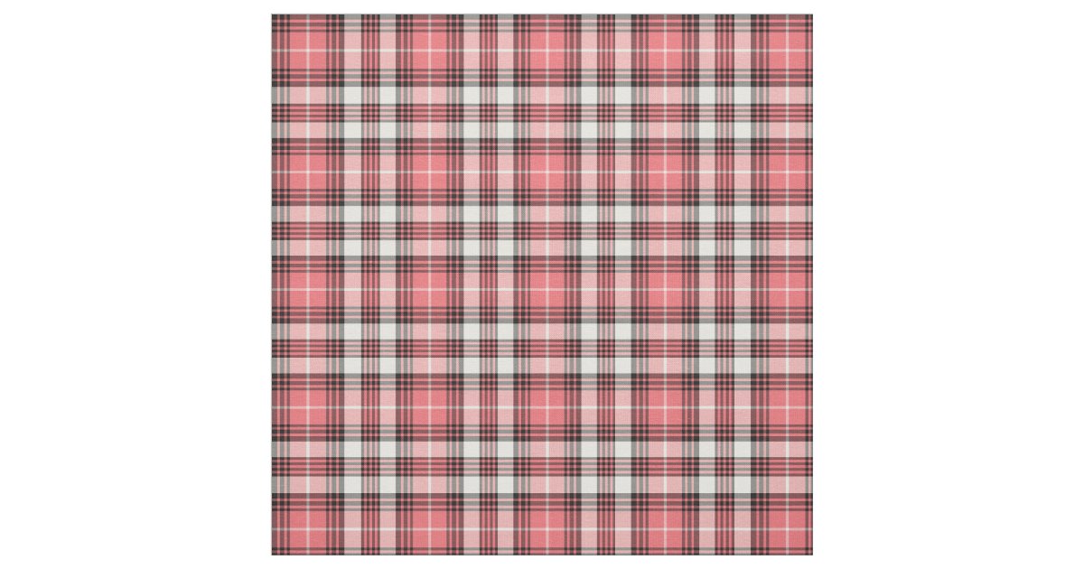 Coral Pink, Black and White Girly Plaid Fabric | Zazzle