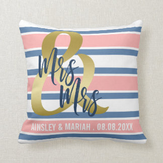 Coral Pink Blue & Gold | Mrs & Mrs Custom Names Throw Pillow