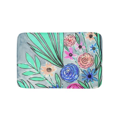 Coral Pink Blue Green Watercolor Flower Art Bath Mat