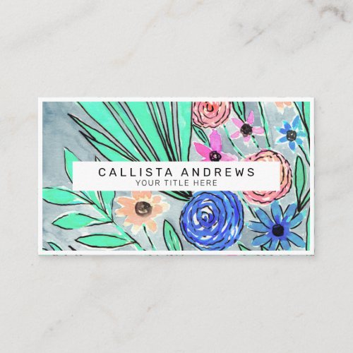 Coral Pink Blue Green Watercolor Flower Art Business Card