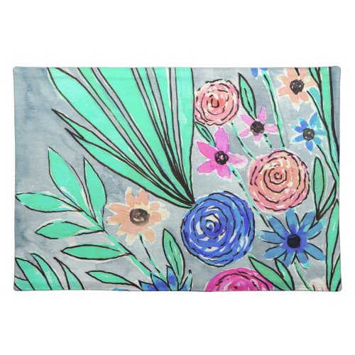 Coral Pink Blue Green Watercolor Flower Art Cloth Placemat