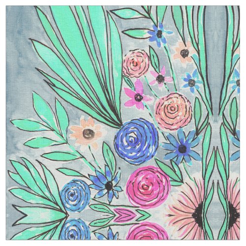 Coral Pink Blue Green Watercolor Flower Art Fabric