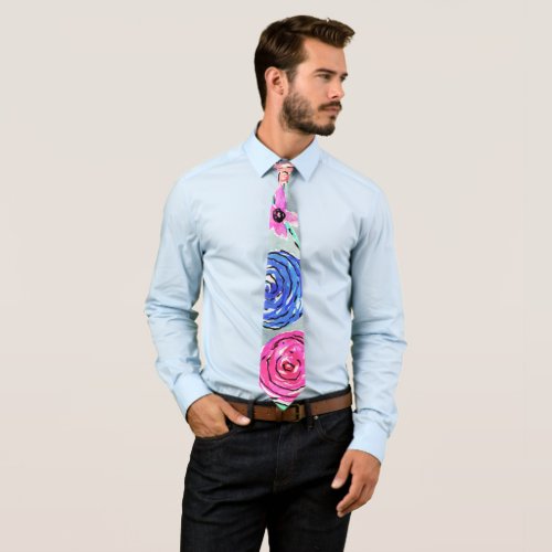 Coral Pink Blue Green Watercolor Flower Art Neck Tie