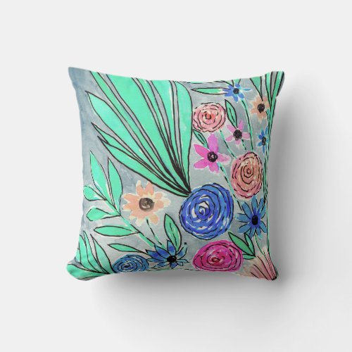 Coral Pink Blue Green Watercolor Flower Art Throw Pillow
