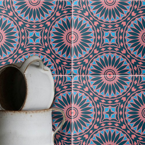 Coral Pink Blue Kaleidocopic Geometric Pattern Ceramic Tile