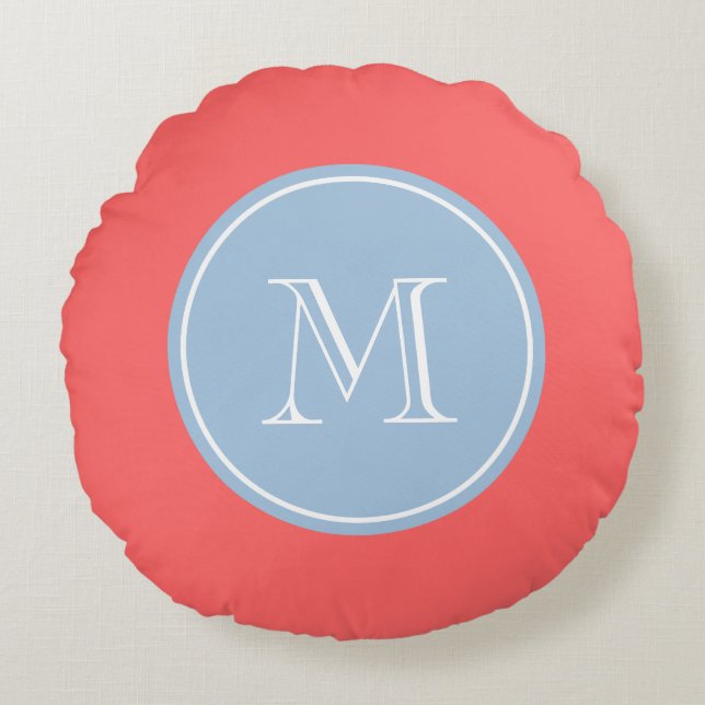 Coral pink blue personalized monogram round pillow (Front)