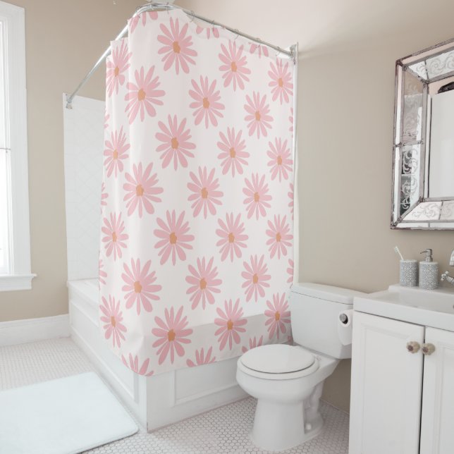 Coral Pink BOHO Daisy Pattern Floral Shower Curtain (In Situ)