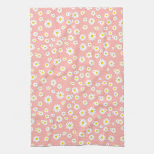 Coral Pink Boho Spring Daisies Pattern Kitchen Towel