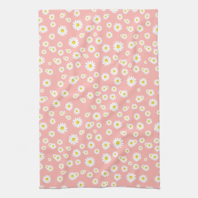 Coral Pink Boho Spring Daisies Pattern Kitchen Towel (Vertical)