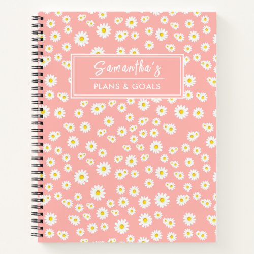 Coral Pink Boho Spring Daisies Pattern Notebook
