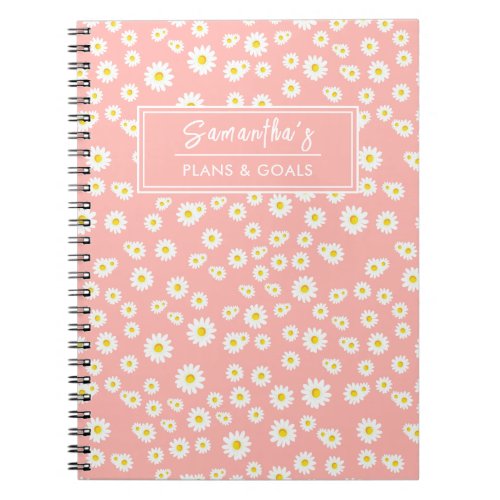 Coral Pink Boho Spring Daisies Pattern Notebook