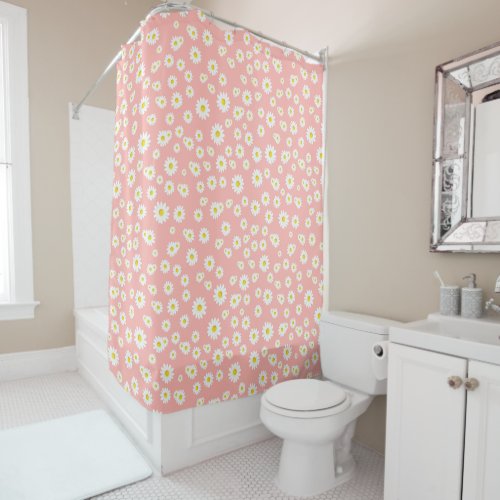 Coral Pink Boho Spring Daisies Pattern Shower Curtain